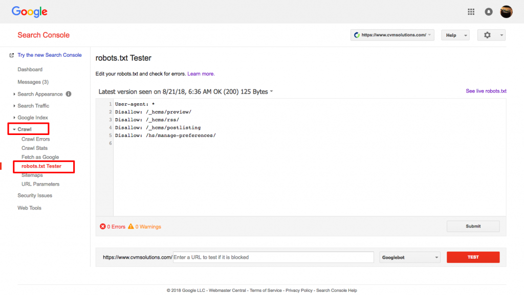 Google’s robots.txt tester